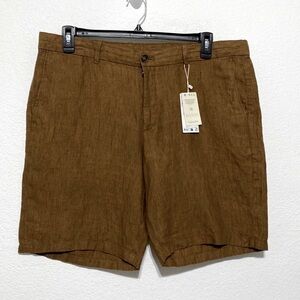 Mango “NEW” 100% Linen Brown Flat Front Bermuda Shorts With Pockets Size 38